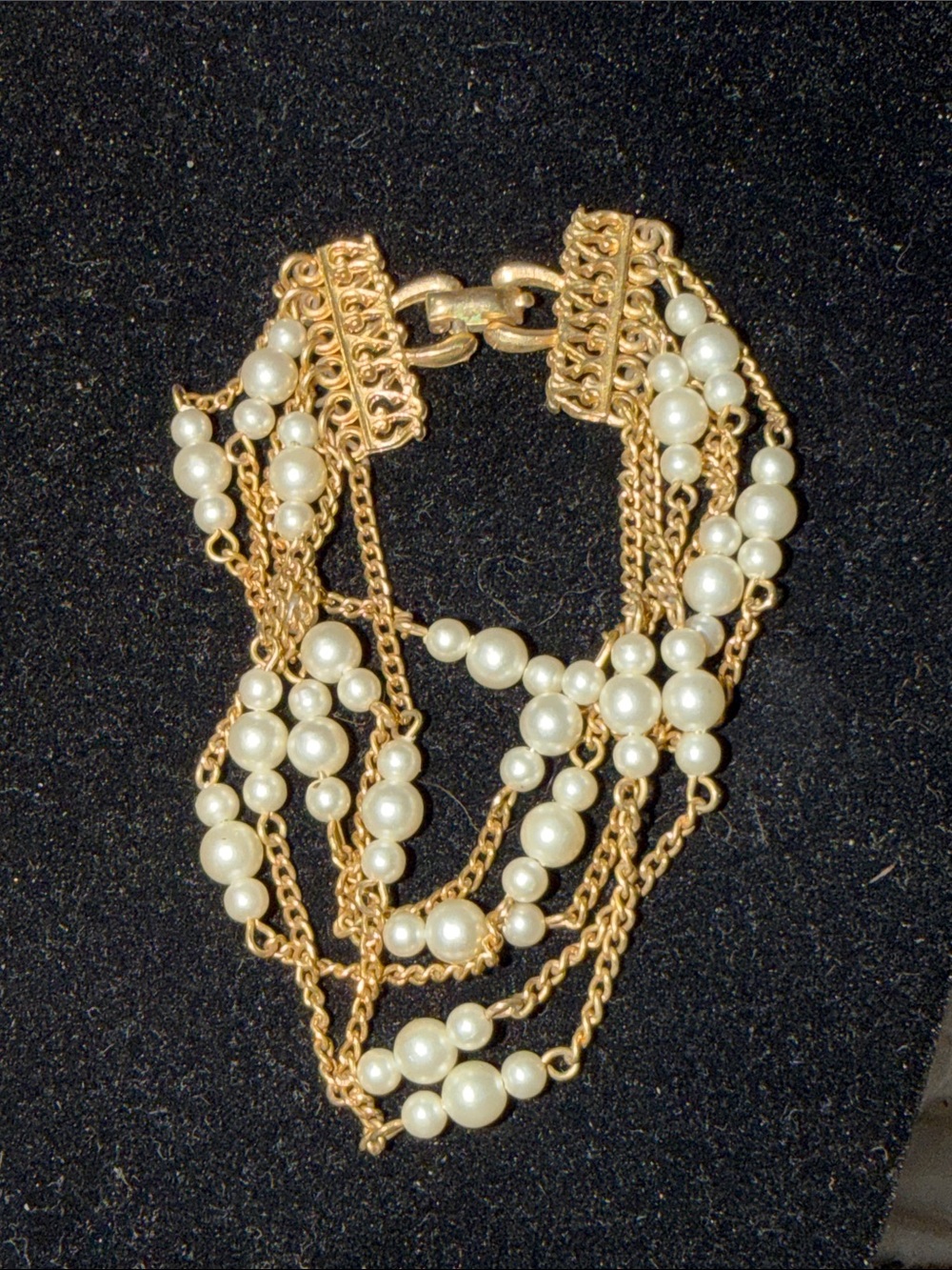 Vintage Coro Multi Strand Faux Pearl Gold Tone Chain Bracelet Filigree Signed